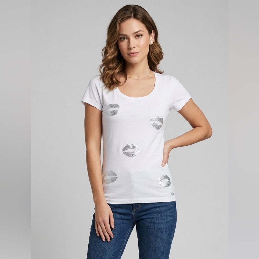 New Guess women sequin lips scoop neck t shirt top white M